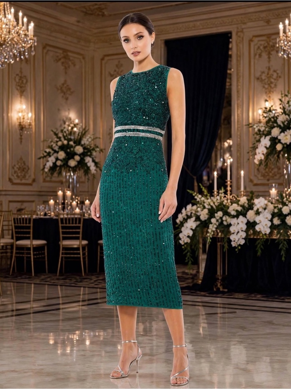 Mac Duggal NWT Sequin Sleeveless Sheath Midi Cocktail Dress Deep Emerald Sz 10